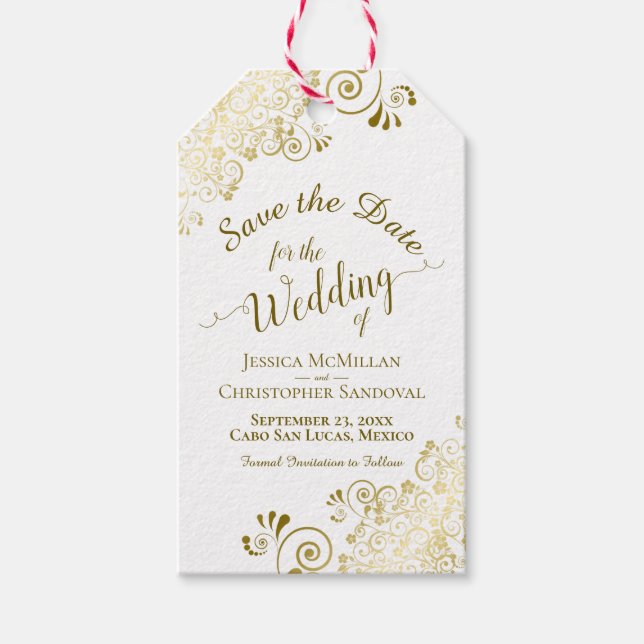 Hochzeit rettet uns das Datum Stift in Gold Frills Geschenkanhänger (Vorderseite)