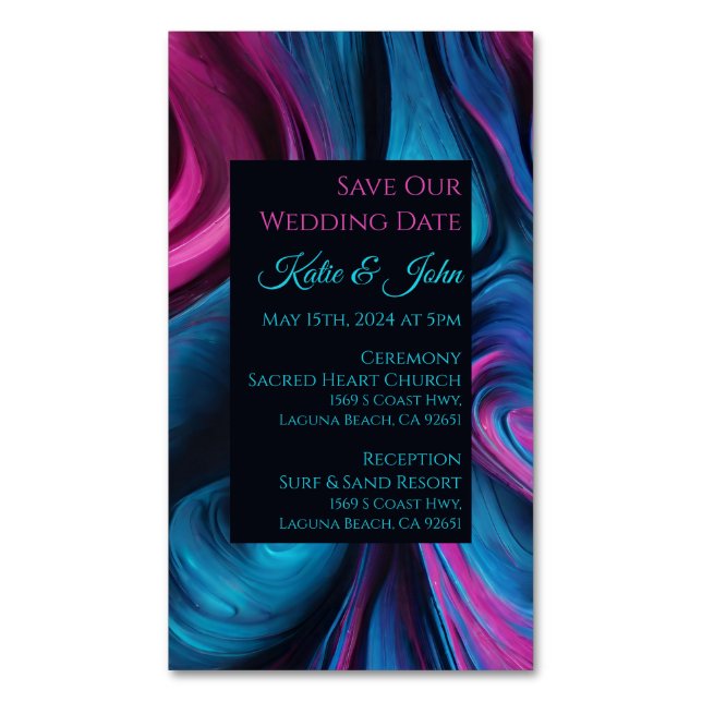 Hochzeit Rettete unser Date - Modern Blue and Pink Magnetische Visitenkarte (Vorderseite Vertikal)