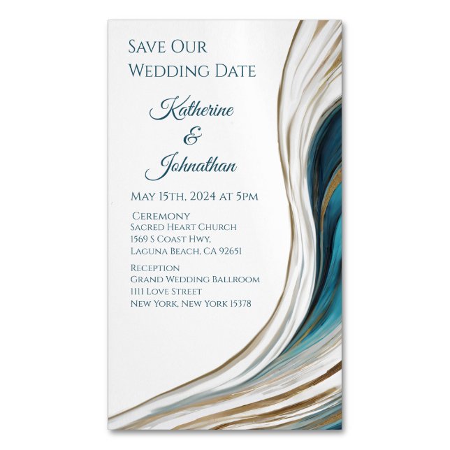 Hochzeit Rettete unser Datum - Modernes Blau und G Magnetische Visitenkarte (Vorderseite Vertikal)