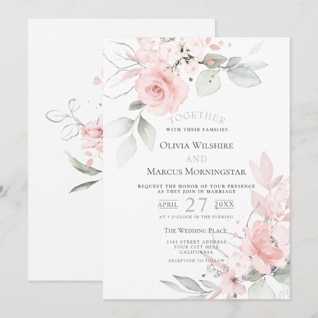 Hochzeit | Rosa Rosa Romantische Rose der Hütte Einladung (Vorne/Hinten)