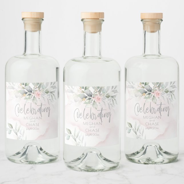 Hochzeit | Rosa Rosen, blass grün Alkoholflaschenetikett (Flaschen)