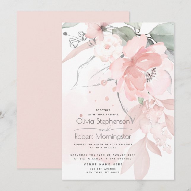 Hochzeit | Rosa Waldland Wilde Rose Einladung (Vorne/Hinten)