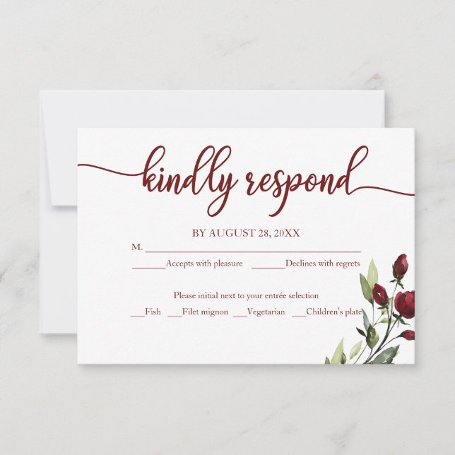 Hochzeit RSVP Card Burgundy Floral Rustic Wood (Vorderseite)