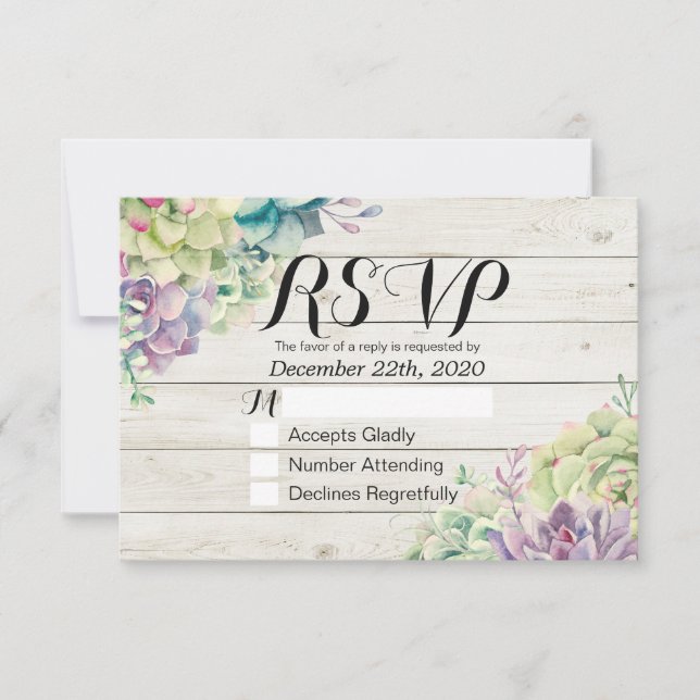 Hochzeit RSVP Chic Watercolor Sukkulent rustikales (Vorderseite)