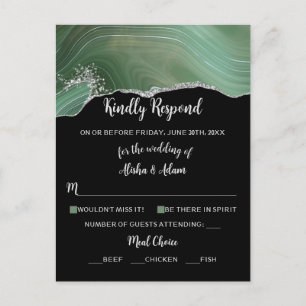 Hochzeit RSVP Green Agate Silver Glitzer auf Black Postkarte