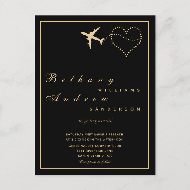Hochzeit RSVP l Einladung Black Gold All in One Postkarte (Vorderseite)