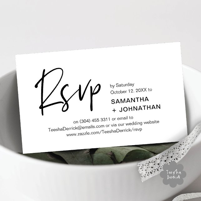Hochzeit RSVP Modernes Minimalistisches Abendessen Begleitkarte (Kindly RSVP Modern Minimalist Wedding Dinner Invites Reminder Enclosed Card Phone Email Black White)