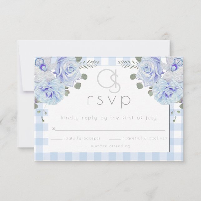 Hochzeit RSVP | Monogram Blue Gingham Floral (Vorderseite)