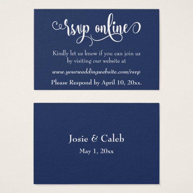 Hochzeit RSVP Online Einfügen weißes Script & Navy (Vorne & Hinten)