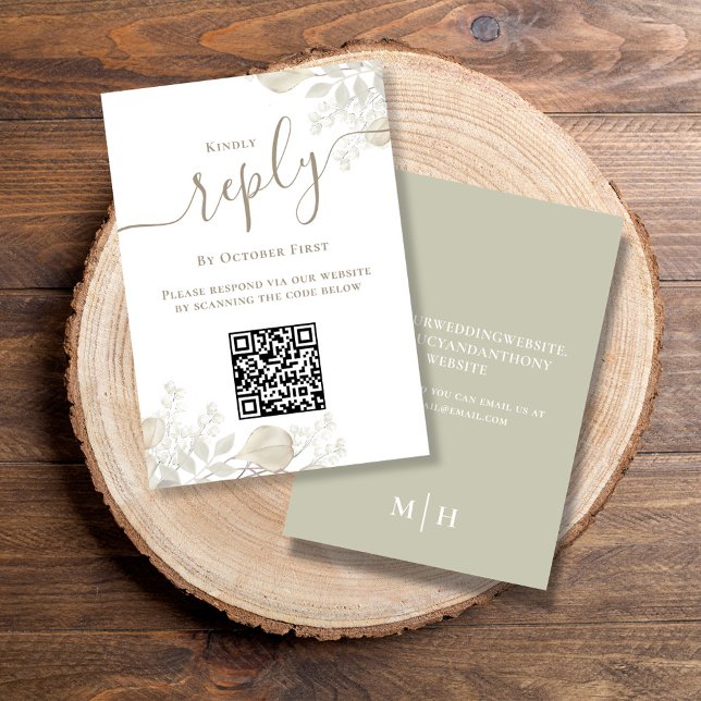 Hochzeit RSVP QR Code Elegante Landschaft (Simple Wedding reply card with a sage green background and QR code template.)