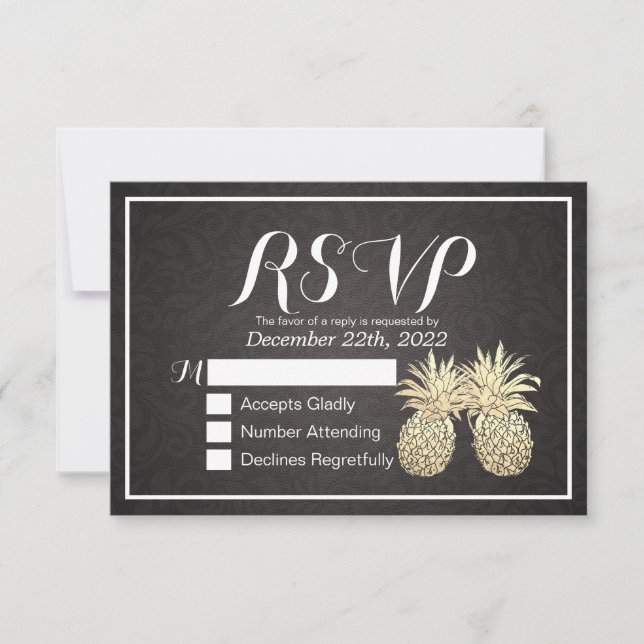 Hochzeit RSVP Reply Black Gold Ananas Couple (Vorderseite)