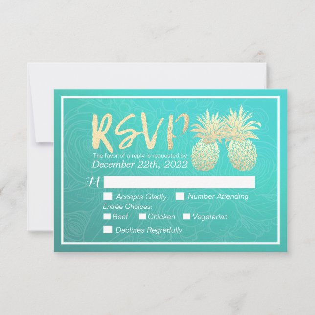Hochzeit RSVP Reply Gold Ananas Couple Aquamarine  (Vorderseite)