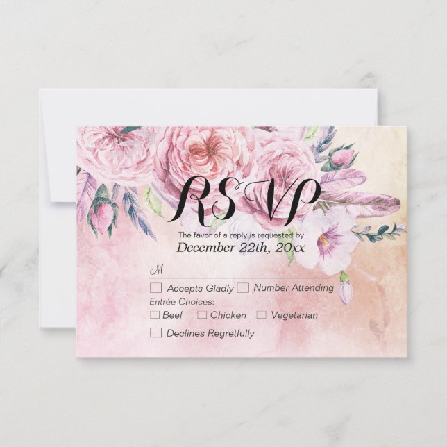 Hochzeit RSVP Reply Watercolor Boho Floral Feather (Vorderseite)
