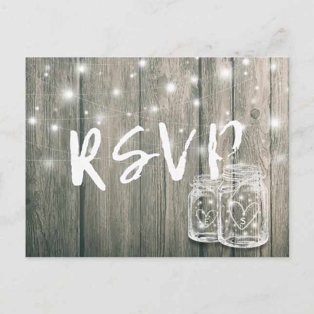 Hochzeit RSVP Rustic Wood & Mason Jar String Light Einladungspostkarte (Vorderseite)