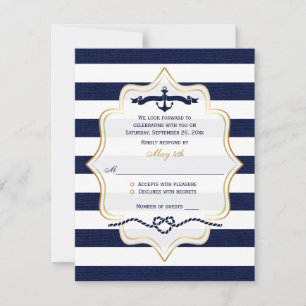 Hochzeit-Rückantwortkarte   Navy, Weiße Faux-Burla RSVP Karte