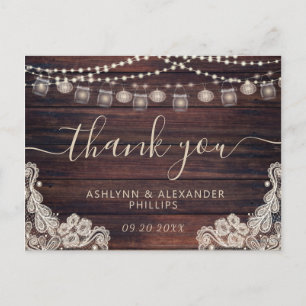 Hochzeit Rustic Wood Lights Jars Lace Vielen Dank Postkarte