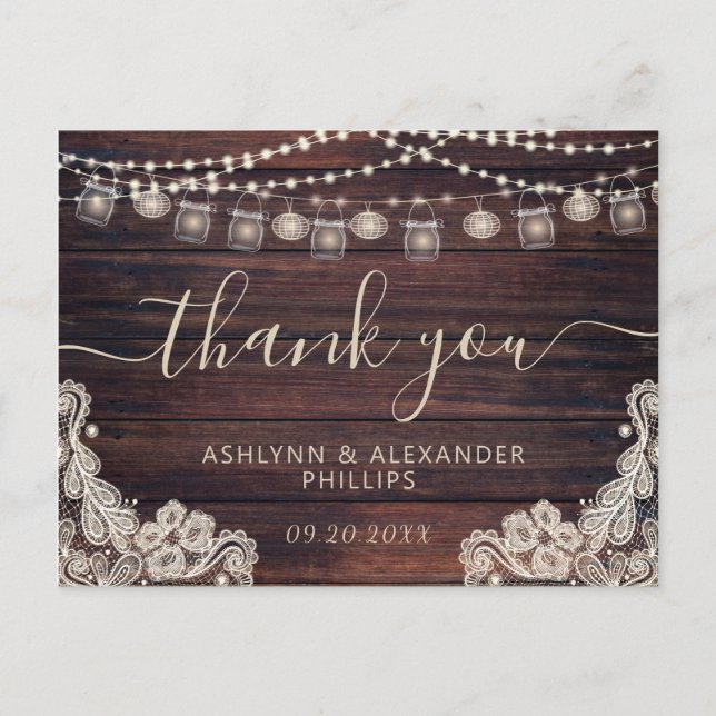 Hochzeit Rustic Wood Lights Jars Lace Vielen Dank Postkarte (Vorderseite)