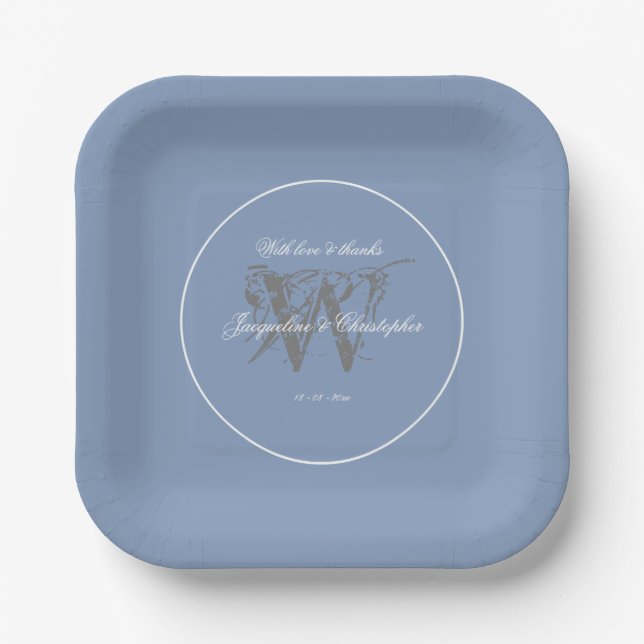 Hochzeit rustikal Dusty Blue Gray Elegant Monogram Pappteller (Vorderseite)