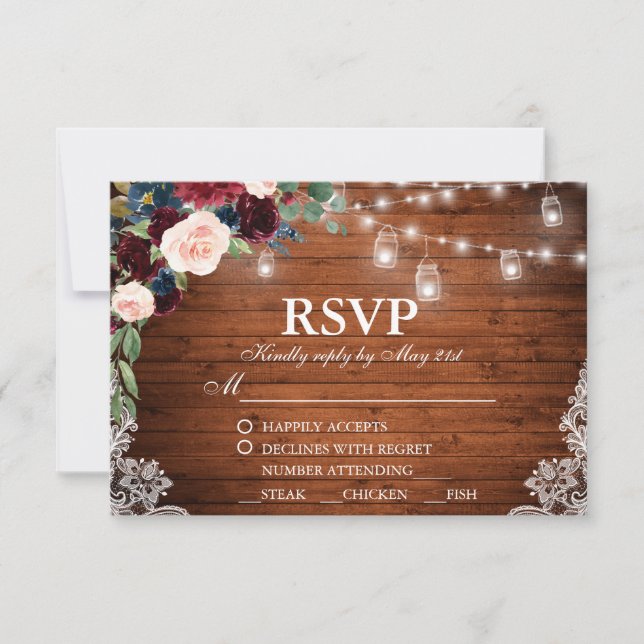 Hochzeit Rustikal Wood Burgundy Blauer UAWG RSVP Karte (Vorderseite)