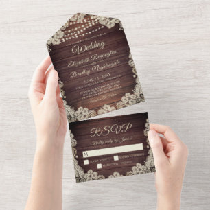 Hochzeit Rustikale Holz-Lichterkette Elfenbein-Spi All In One Einladung