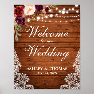 Hochzeit rustikales Holz Lichter Lace Burgund Blum Poster