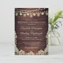 Hochzeit rustikales Holz Lights Mason Jars Lace Einladung