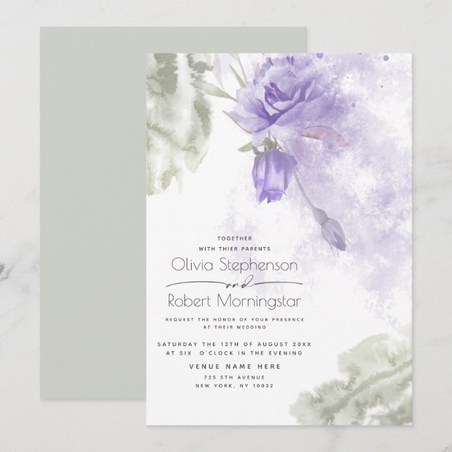 Hochzeit | Rustikales Lilac Lila Floral Einladung (Vorne/Hinten)