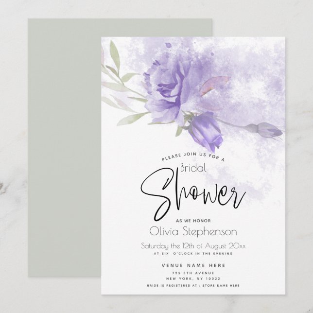 Hochzeit | Rustikales Violett Lila Rose Einladung (Vorne/Hinten)