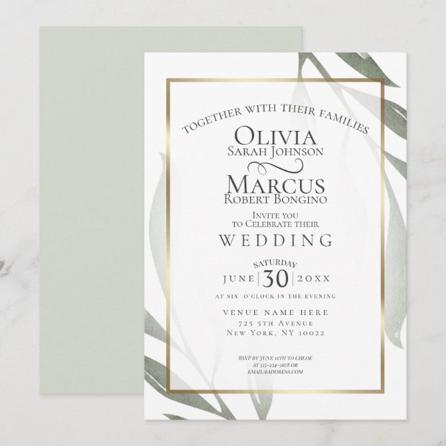 Hochzeit | Sage Green Olive Branch Wasserfarbe Lea Einladung (Vorne/Hinten)