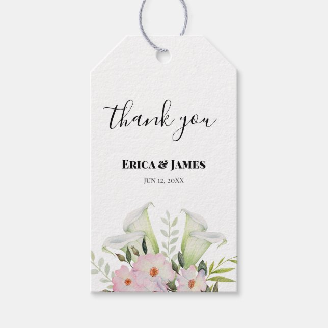 Hochzeit sanfte weiße Calla Lily Rose Wasserfarbe Geschenkanhänger (Vorderseite)