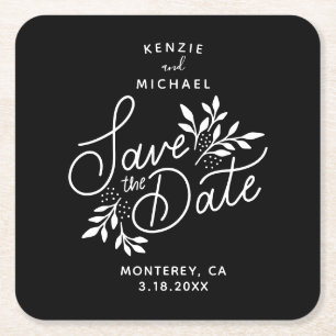 Hochzeit Save the Date Hand Drawn Botanicals Black Rechteckiger Pappuntersetzer