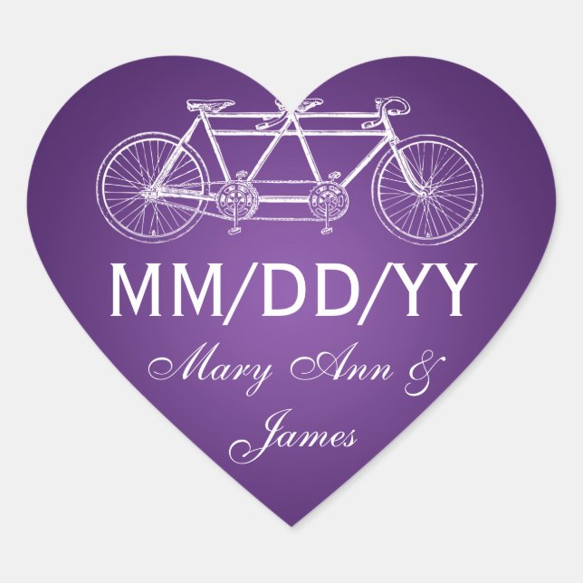 Hochzeit Save the Date Tandem Bike Lila Herz-Aufkleber (Vorderseite)