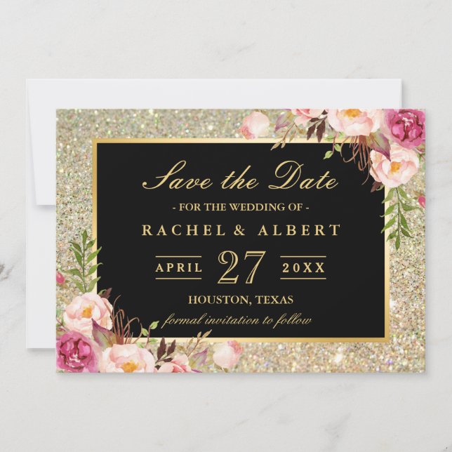 Hochzeit Save the Date | Trendy Gold Glitzer Flora (Vorderseite)