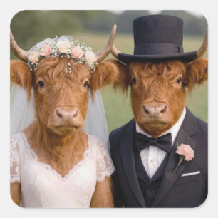 Hochzeit schottischer Highland-Rinder Quadratischer Aufkleber