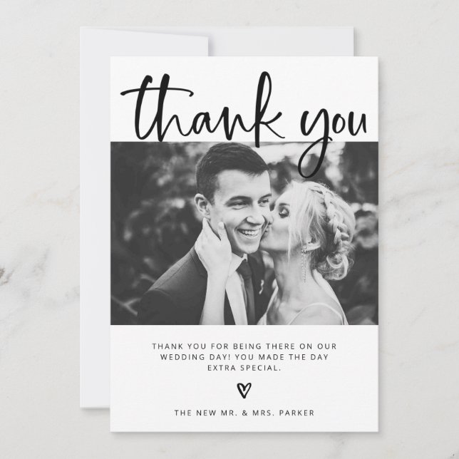 Hochzeit| Schwarz und Weiß mit Fotos Dankeskarte (Vorderseite)