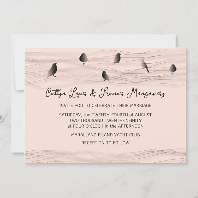 Hochzeit Schwarzer Rose Pulver Delikate Lines Bird Einladung (Vorderseite)