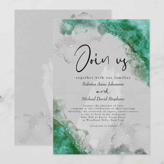 HOCHZEIT | Sea Glass Green Abstrakt Alcohol Tinte Einladung (Vorne/Hinten)