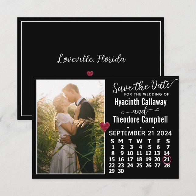 Hochzeit September 2024 Kalender Custom Foto Black Save The Date (Vorne/Hinten)