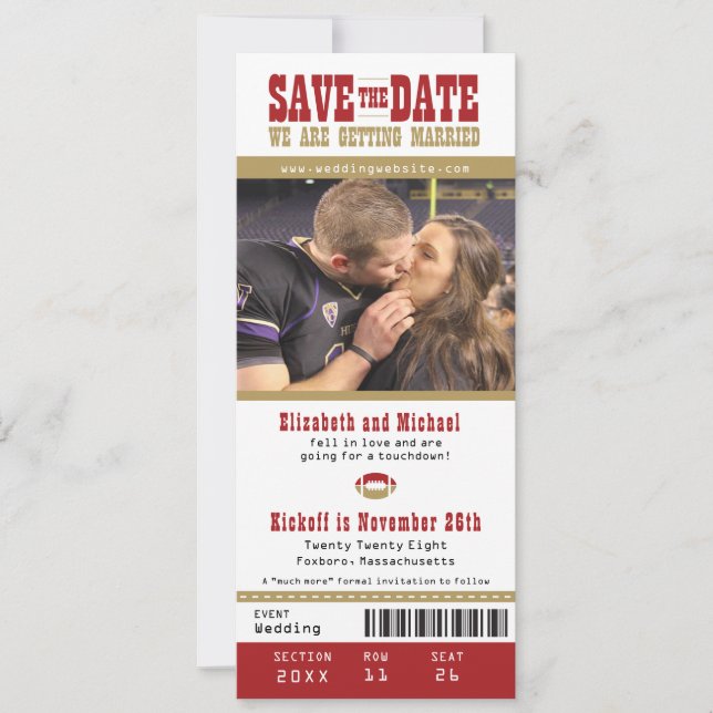 Hochzeit Sichern Sie das Datum Fußball-Ticket Save The Date (Vorderseite)