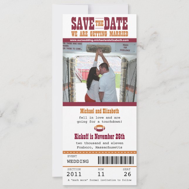 Hochzeit Sichern Sie das Datum Fußball-Ticket Save The Date (Vorderseite)