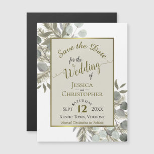 Hochzeit Sichern Sie das Datum Golden Pine & Green Magneteinladung