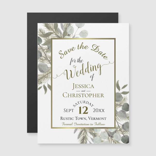 Hochzeit Sichern Sie das Datum Golden Pine & Green Magneteinladung (Vorne/Hinten)