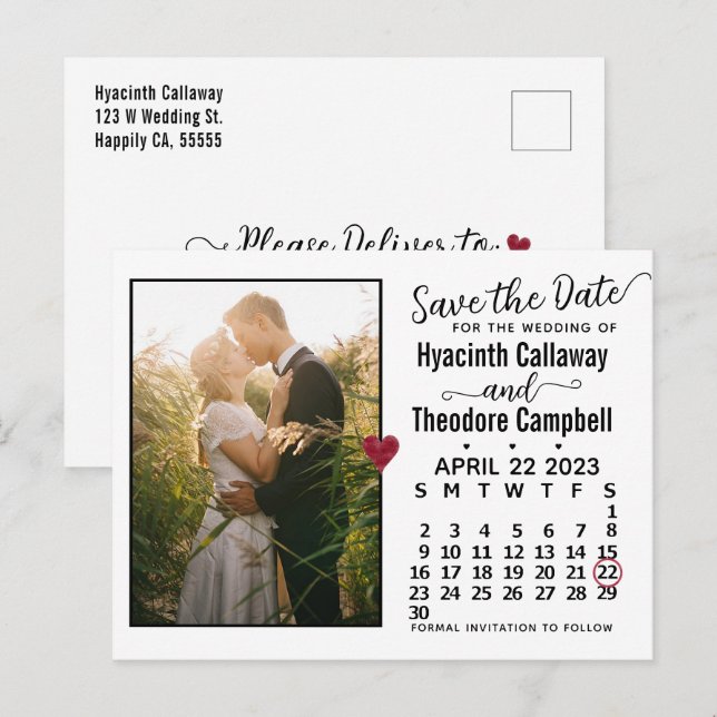 Hochzeit Sichern Sie den Termin April 2023 Kalende Einladungspostkarte (Vorne/Hinten)