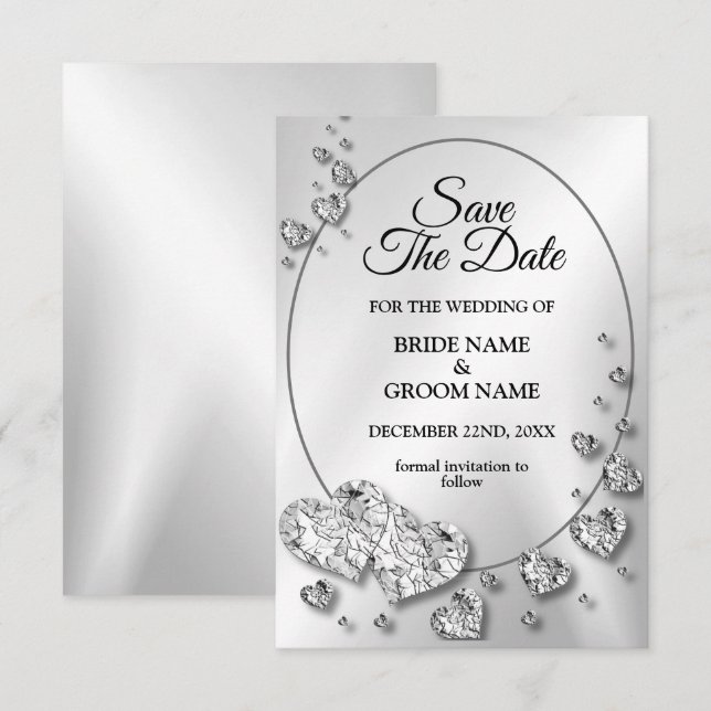 Hochzeit Silber Shiny Hearts Geometric Elegant Save The Date (Vorne/Hinten)