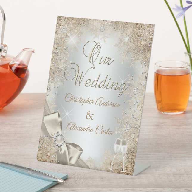 Hochzeit Silberbeige Creme Pearl Bow Snowflake Sockelschild (In Situ)
