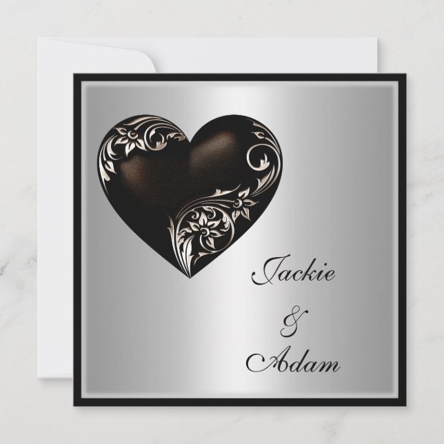 Hochzeit Silver Floral Black Heart Modern Einladung (Vorderseite)