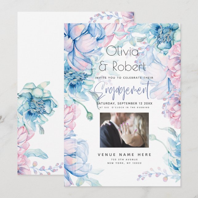Hochzeit | Sky Blue und Bubblegum Pink Peonies Einladung (Vorne/Hinten)