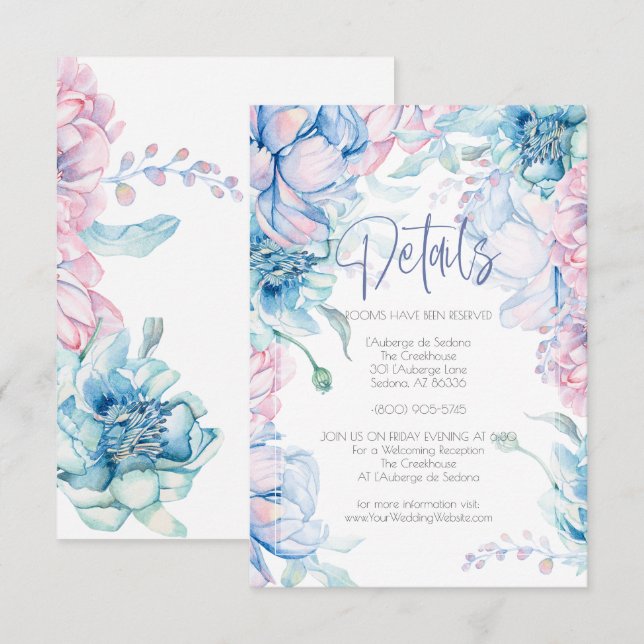 Hochzeit | Sky Blue und Bubblegum Pink Peonies Einladung (Vorne/Hinten)