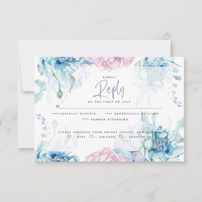 Hochzeit | Sky Blue und Bubblegum Pink Peonies RSVP Karte (Vorderseite)