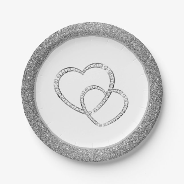 Hochzeit SLVR Glitzer 7" Papier-Teller - Zwei Herz Pappteller (Vorderseite)